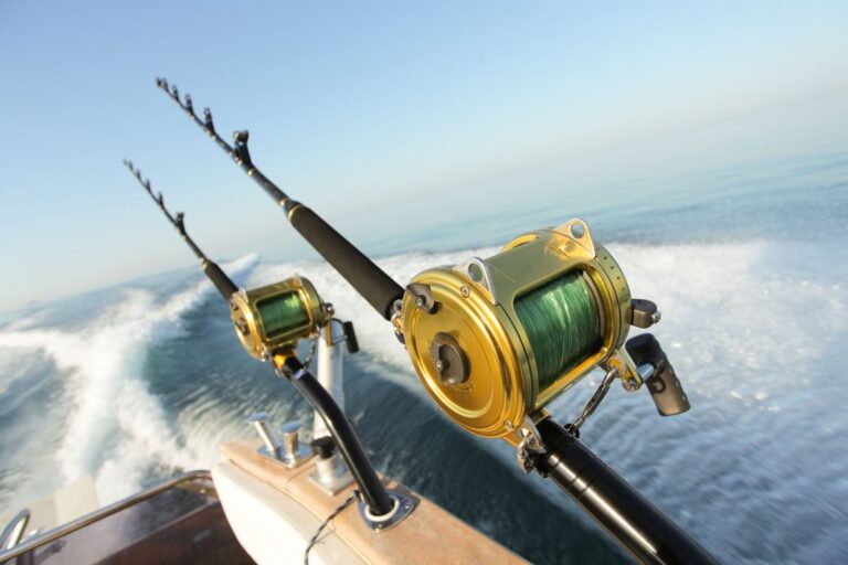 A fishing rods attached in a small boat.