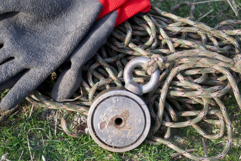 Equipment for magnet fishing and a leather gloves.