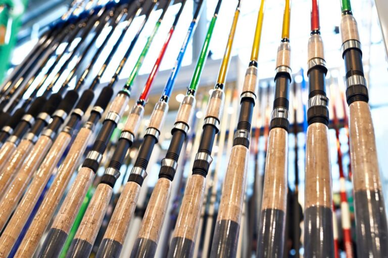 Fishing rods on display on the shop.