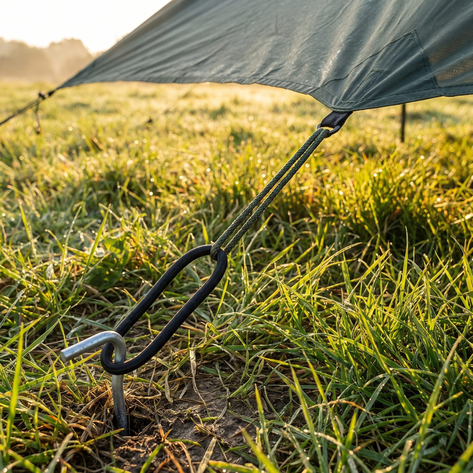 Add Short Bungee Loops Between a Tarp and Its Stakes