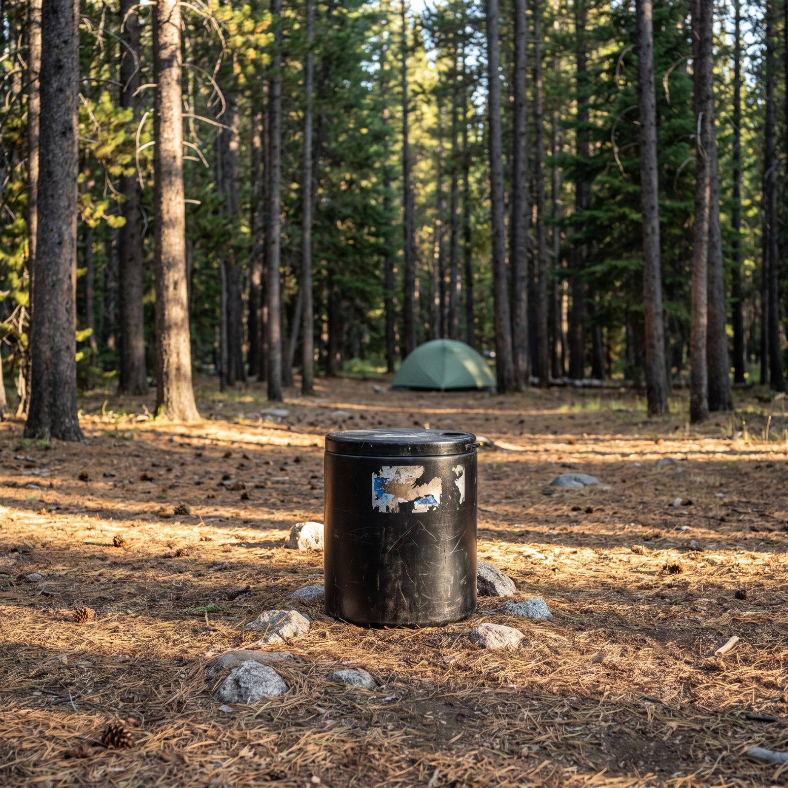 A Bear Canister Sits Away From Water, Cliffs, and Camp
