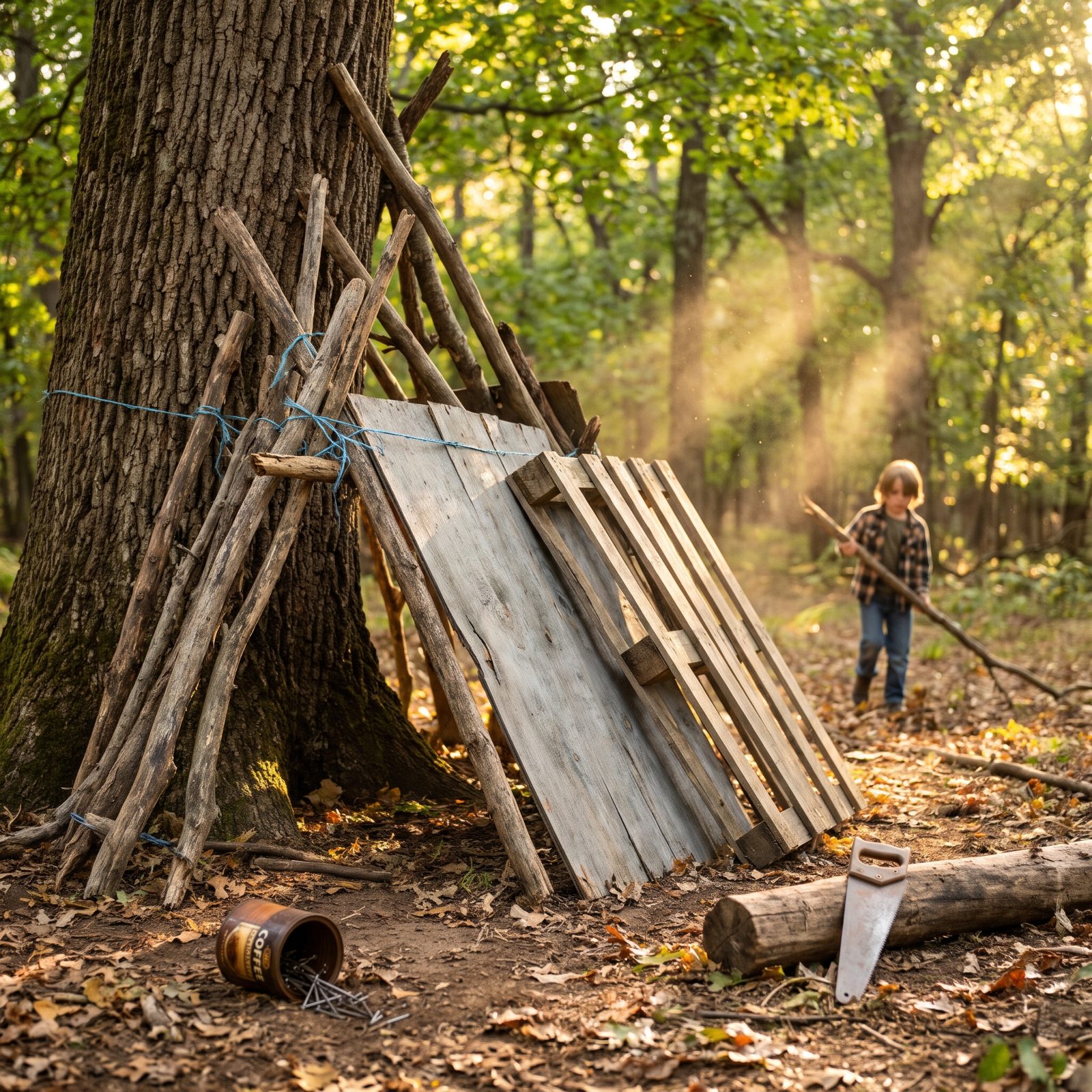Building a Fort From Fallen Branches and Scrap Wood