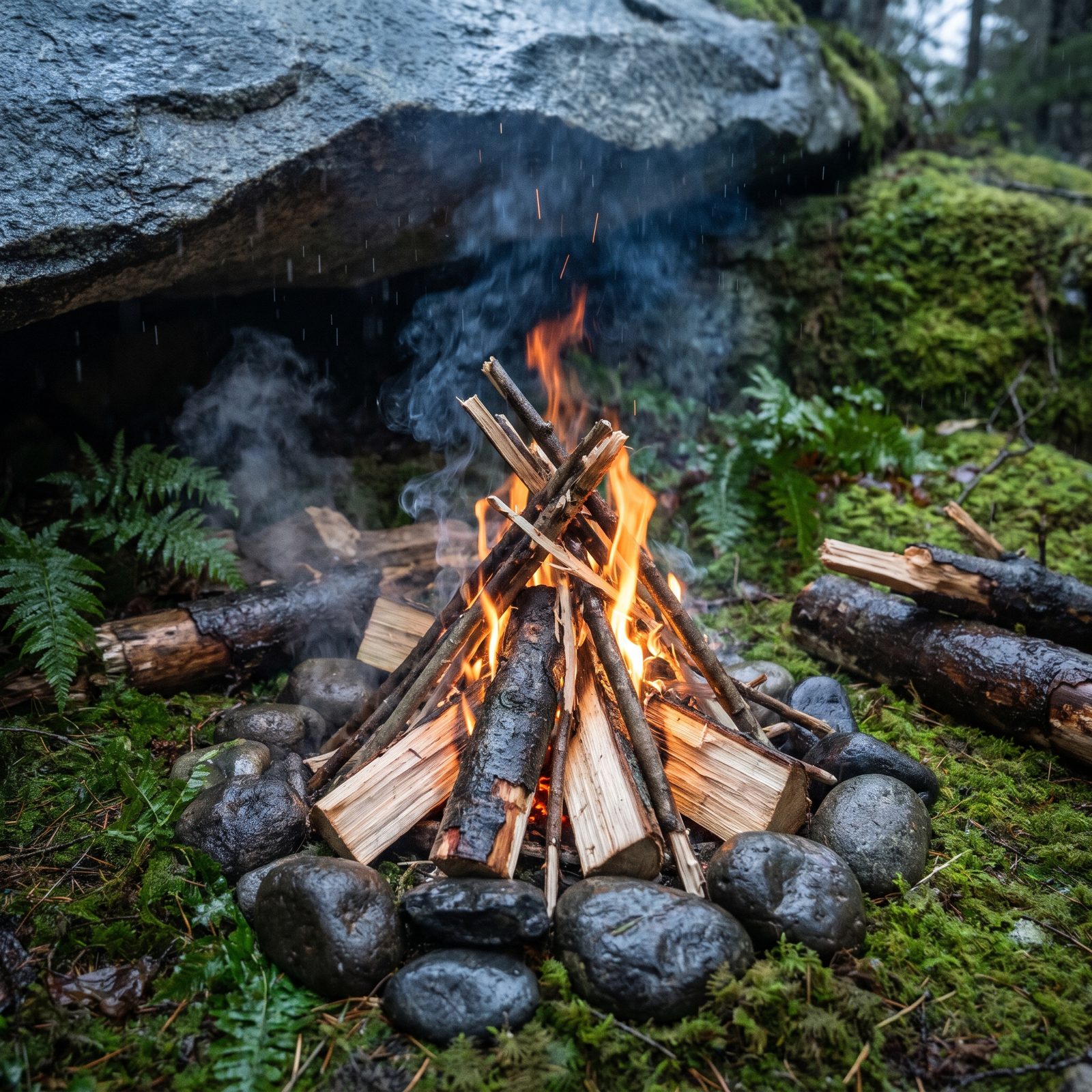 Building a One-Match Campfire in Pouring Rain