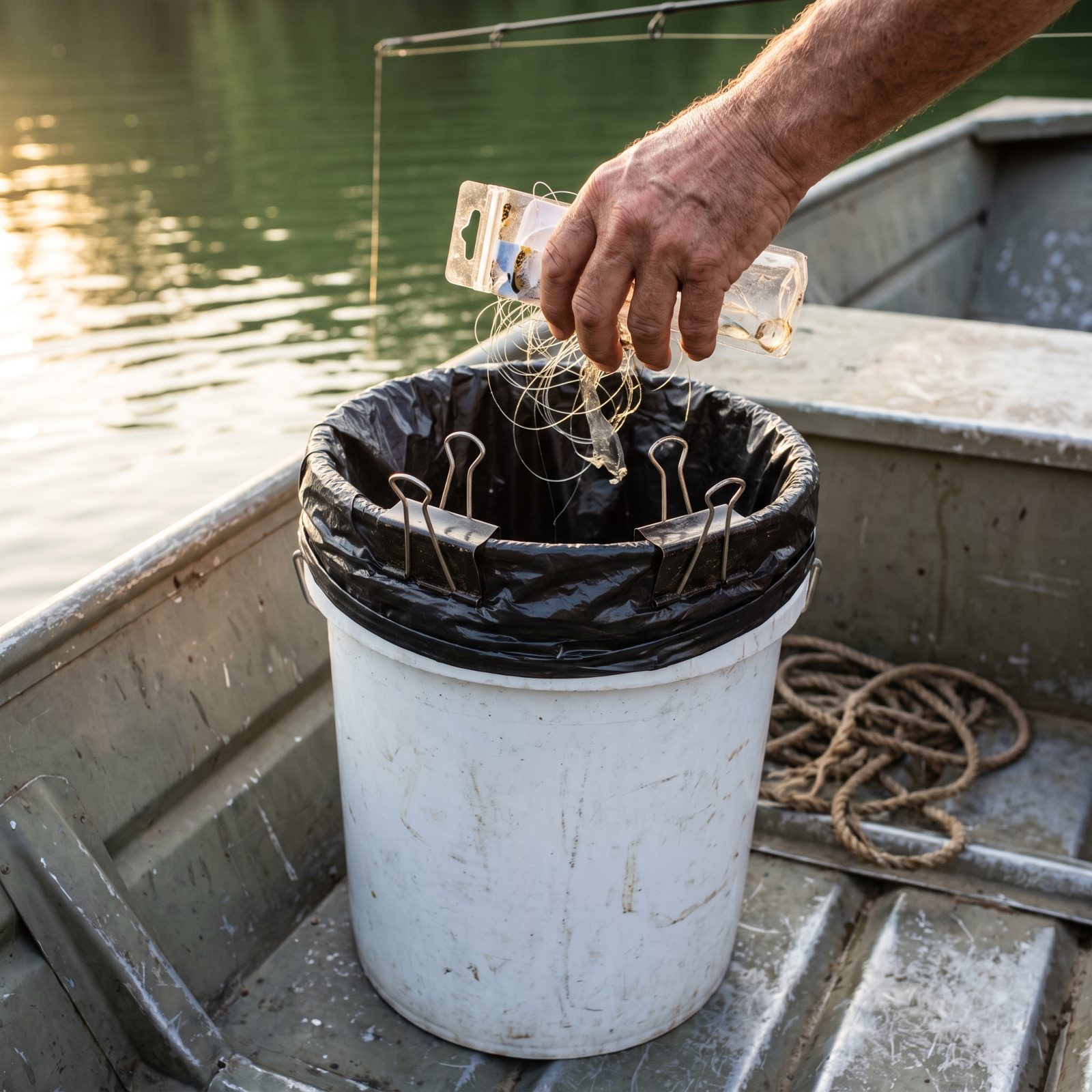 Clip a Trash Bag Inside a Bucket With Two Oversized Binder Clips