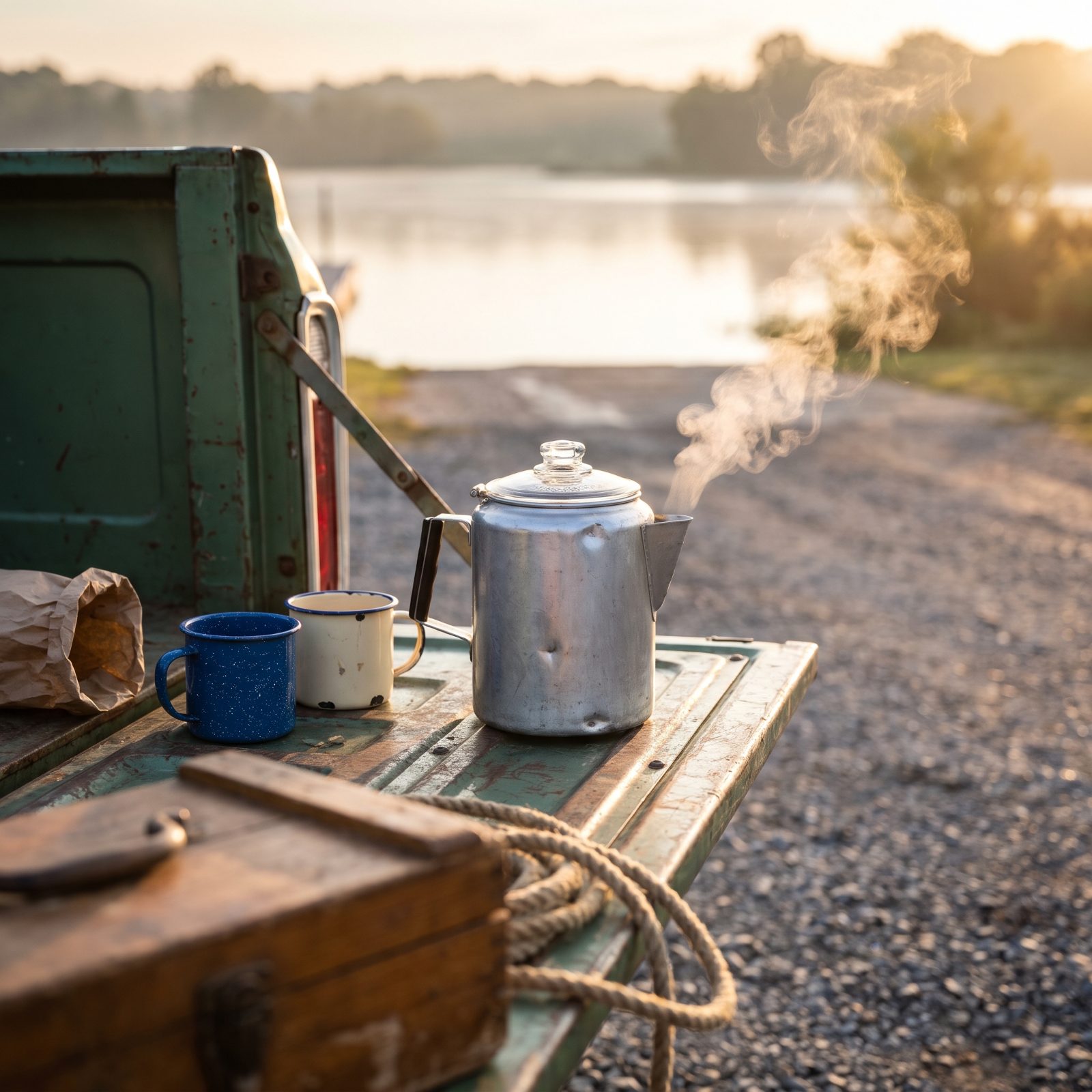 Coffee Brewed on the Tailgate at Dawn
