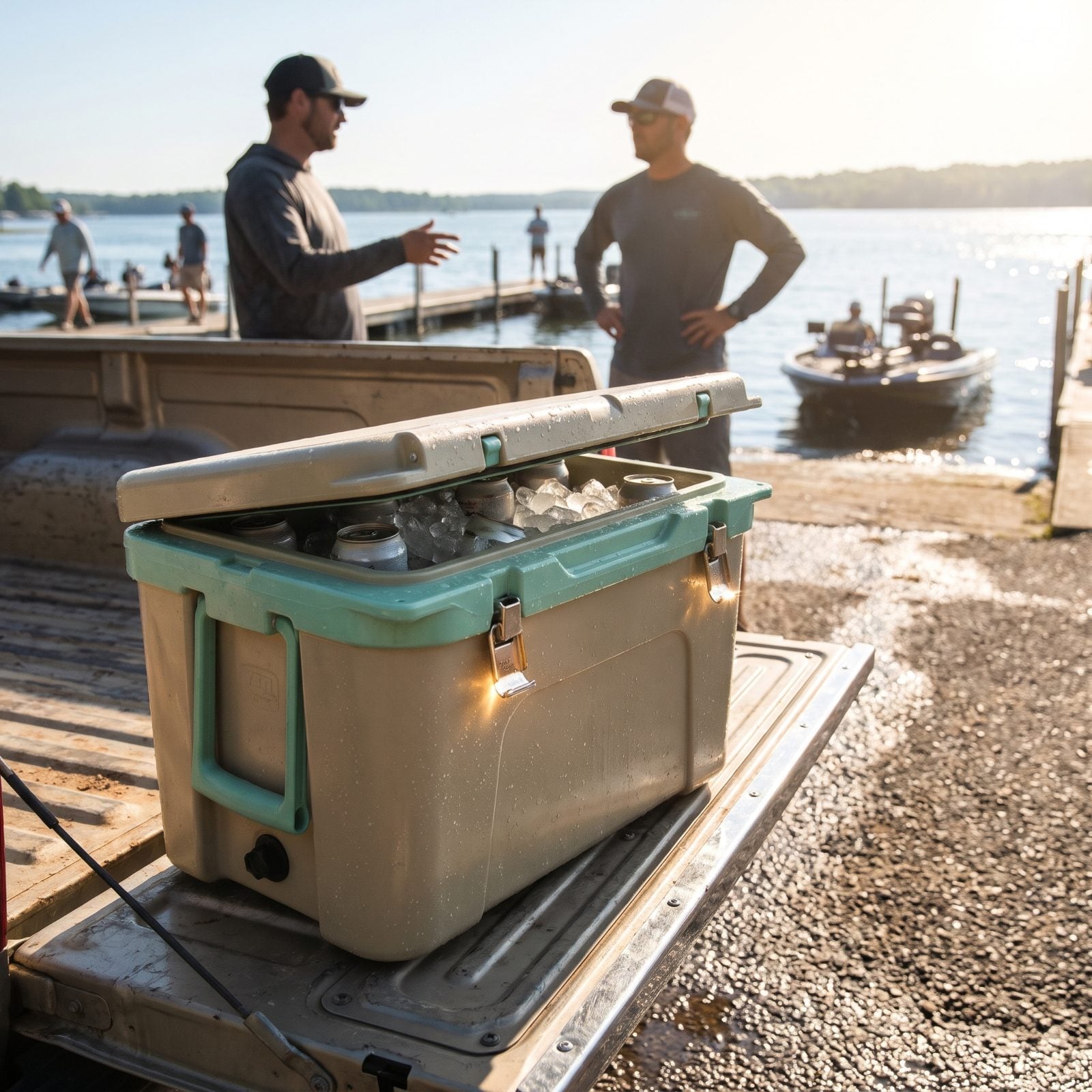 A tan and seafoam premium cooler sweating on a truck tailgate at a boat ramp, two anglers talking beside it.