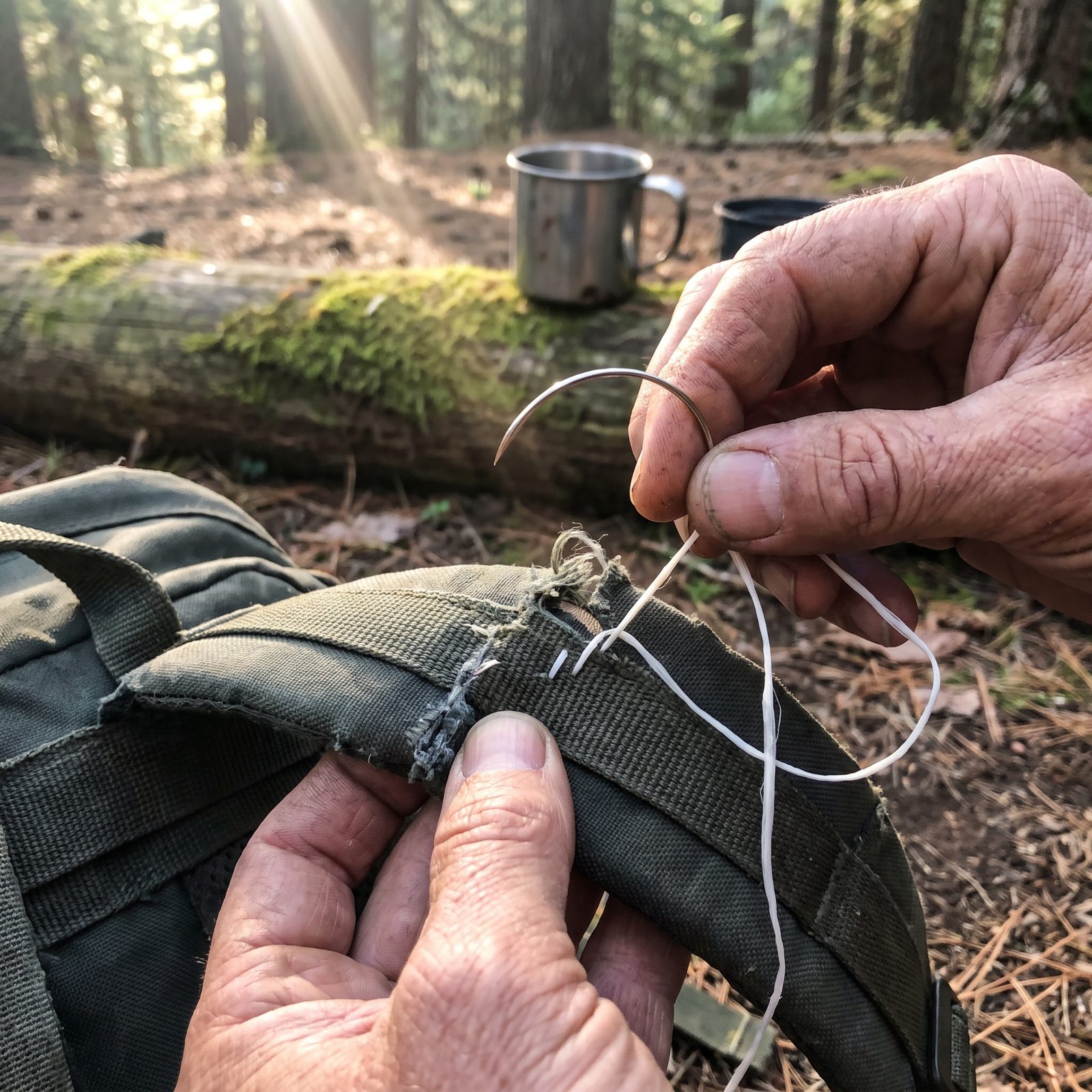 A Curved Upholstery Needle Wound With Waxed Dental Floss
