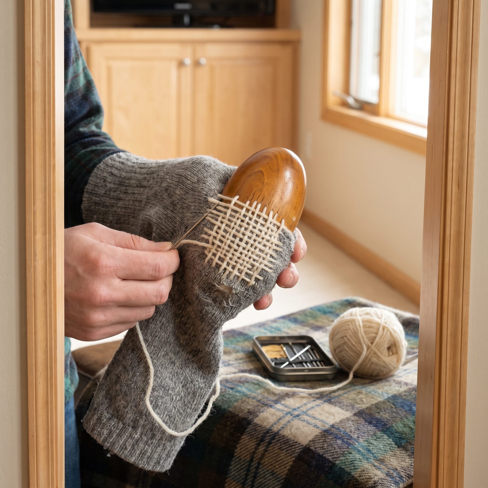 Darning a Wool Sock Before the Hole Spreads