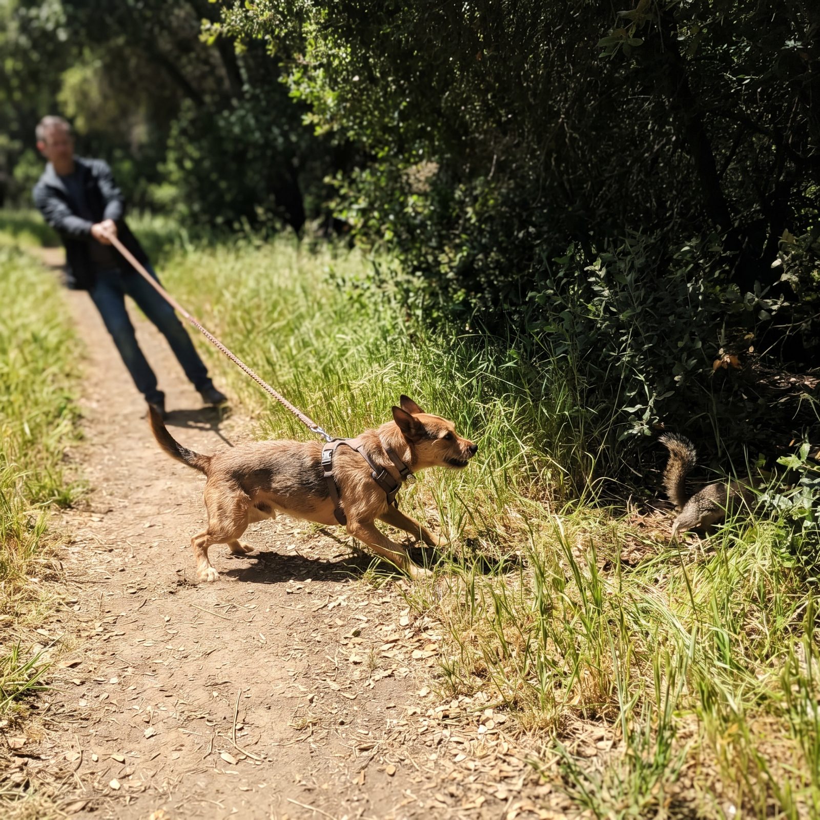 A Dog Is Straining Toward Wildlife at the End of a Leash
