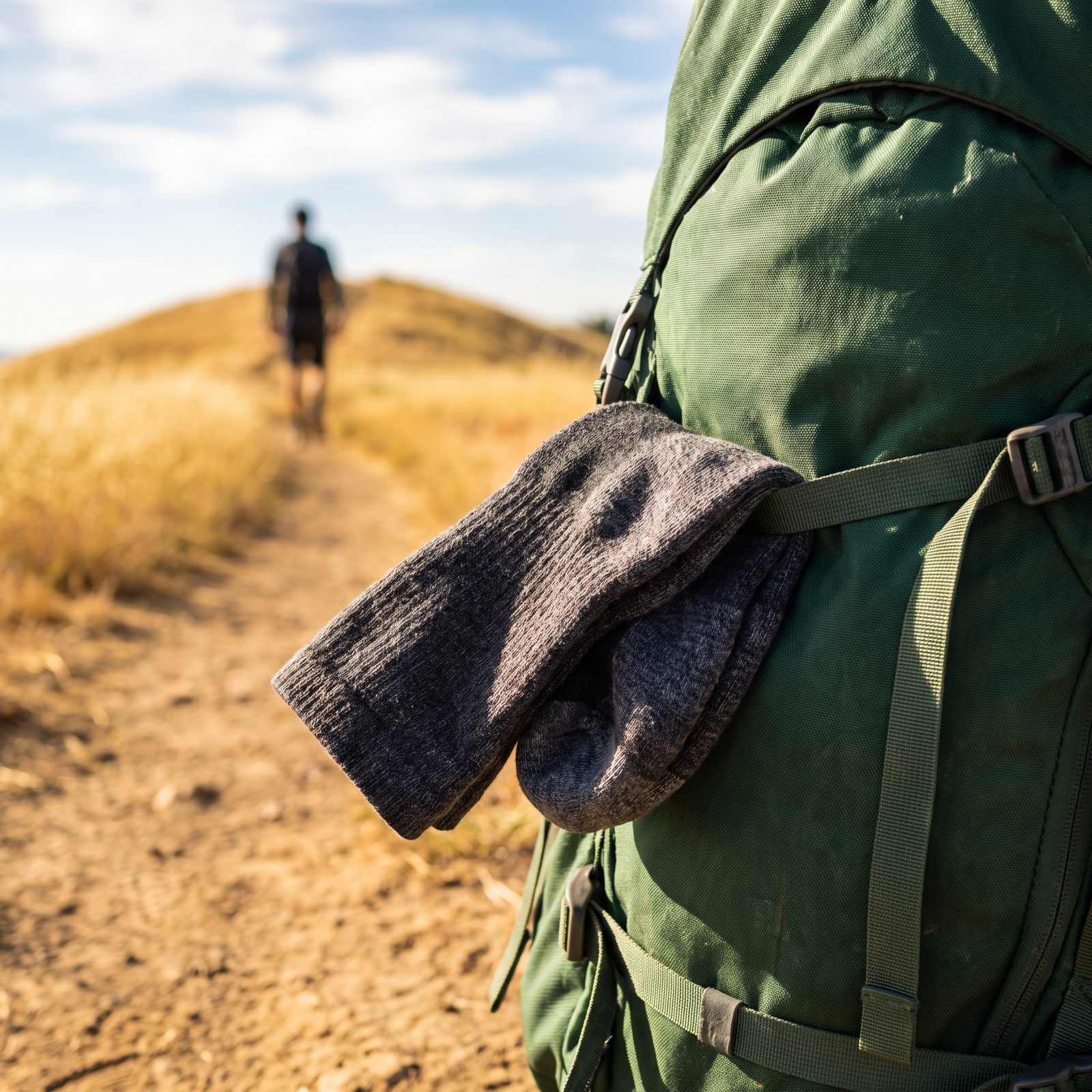 Dry Damp Socks Beneath External Pack Straps While Walking