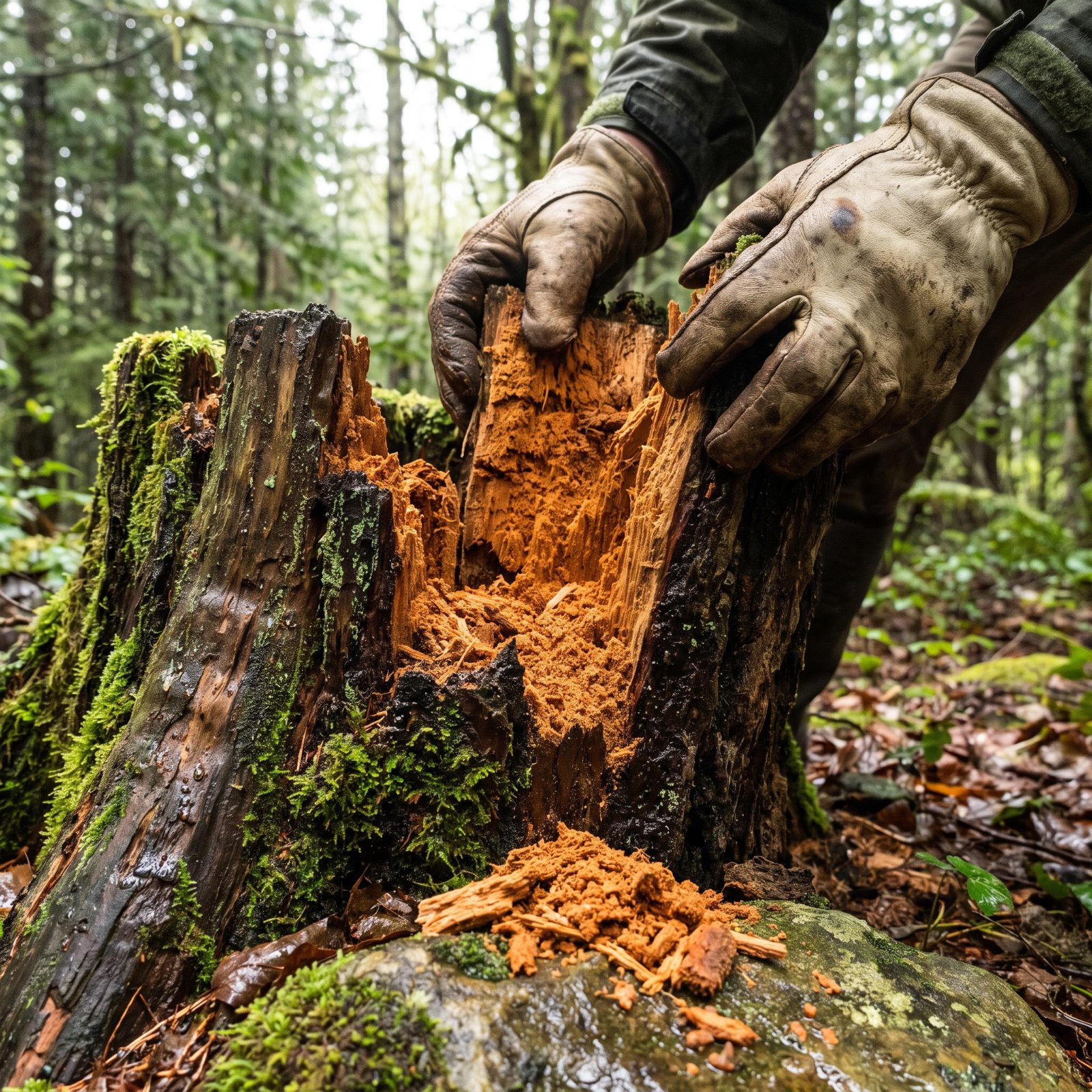 Finding Dry Punkwood Inside a Rain-Soaked Stump