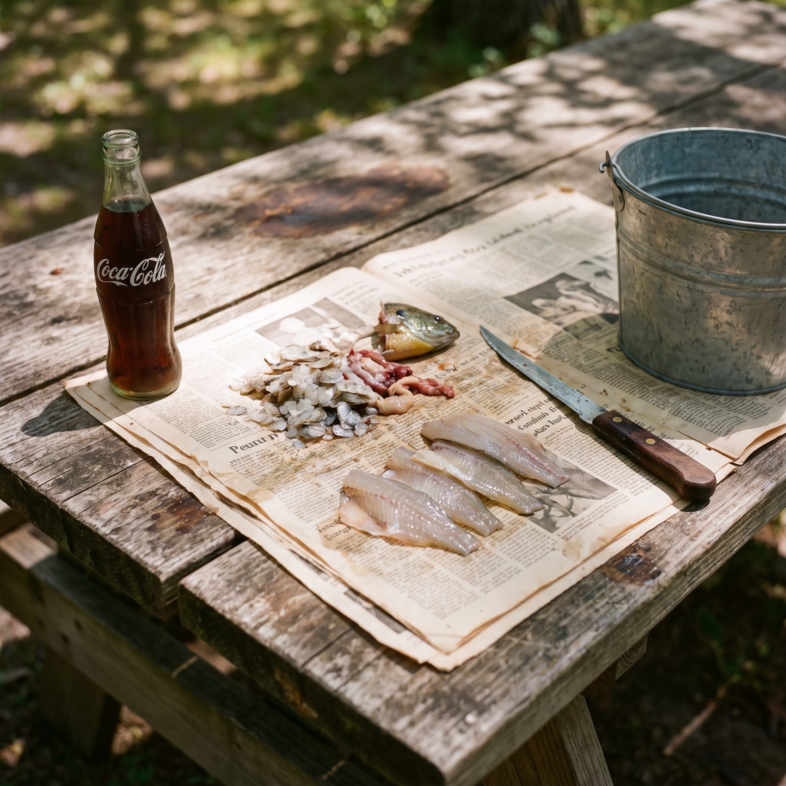 Fish Were Cleaned on Newspaper at the Picnic Table