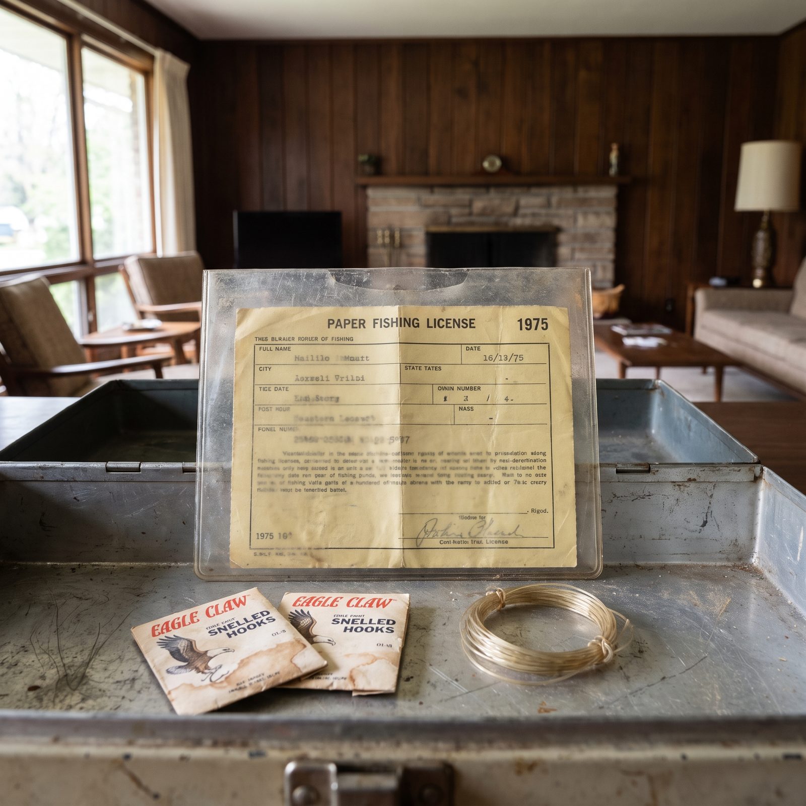 A Folded 1975 Fishing License in a Plastic Sleeve