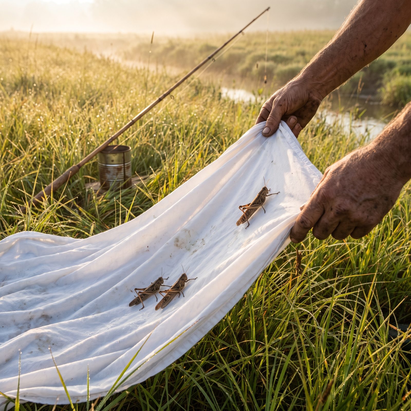 Gather Grasshoppers by Pulling a Sheet Through Dewy Grass