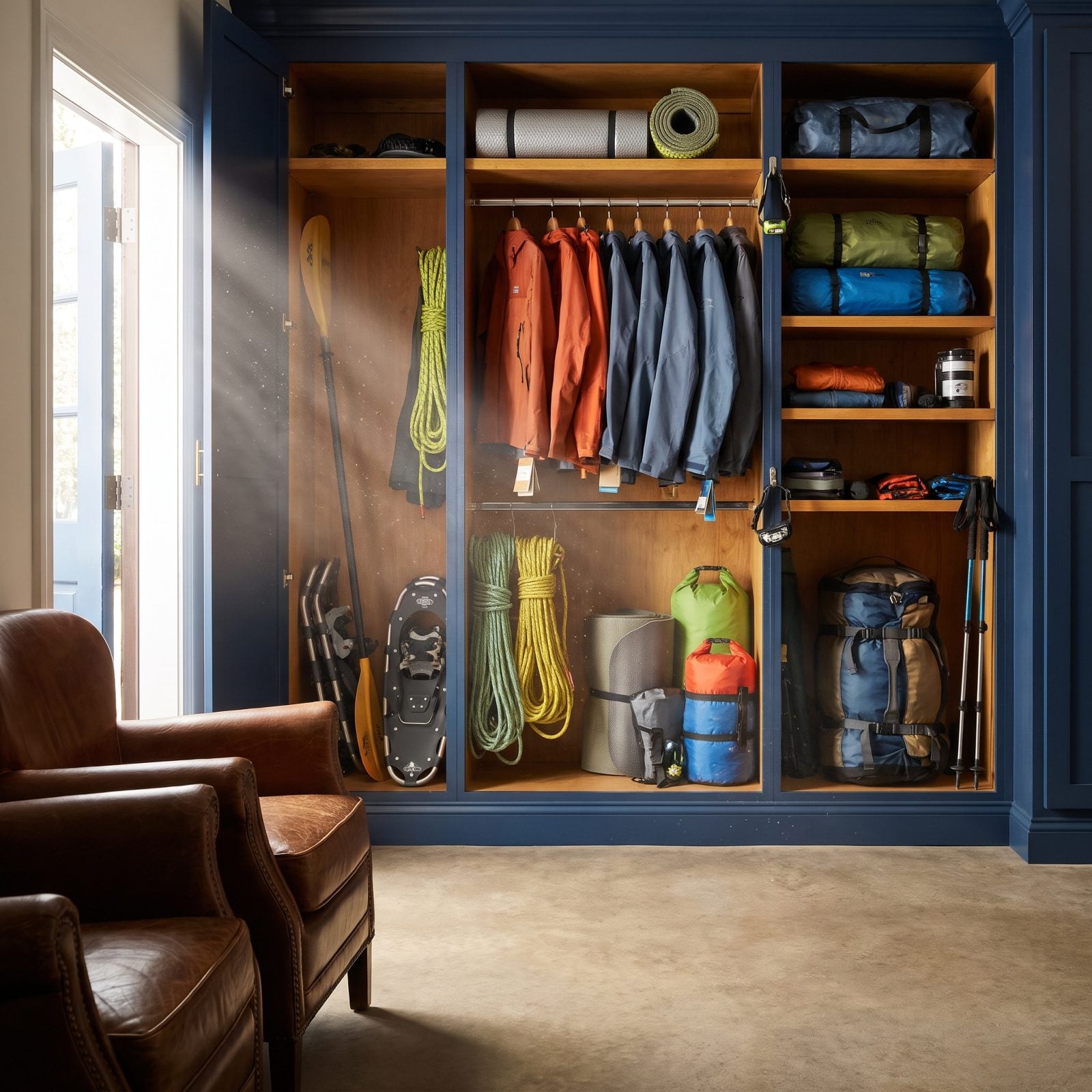 A full garage gear closet packed with barely-used shells, snowshoes, rope and a kayak paddle in morning light.