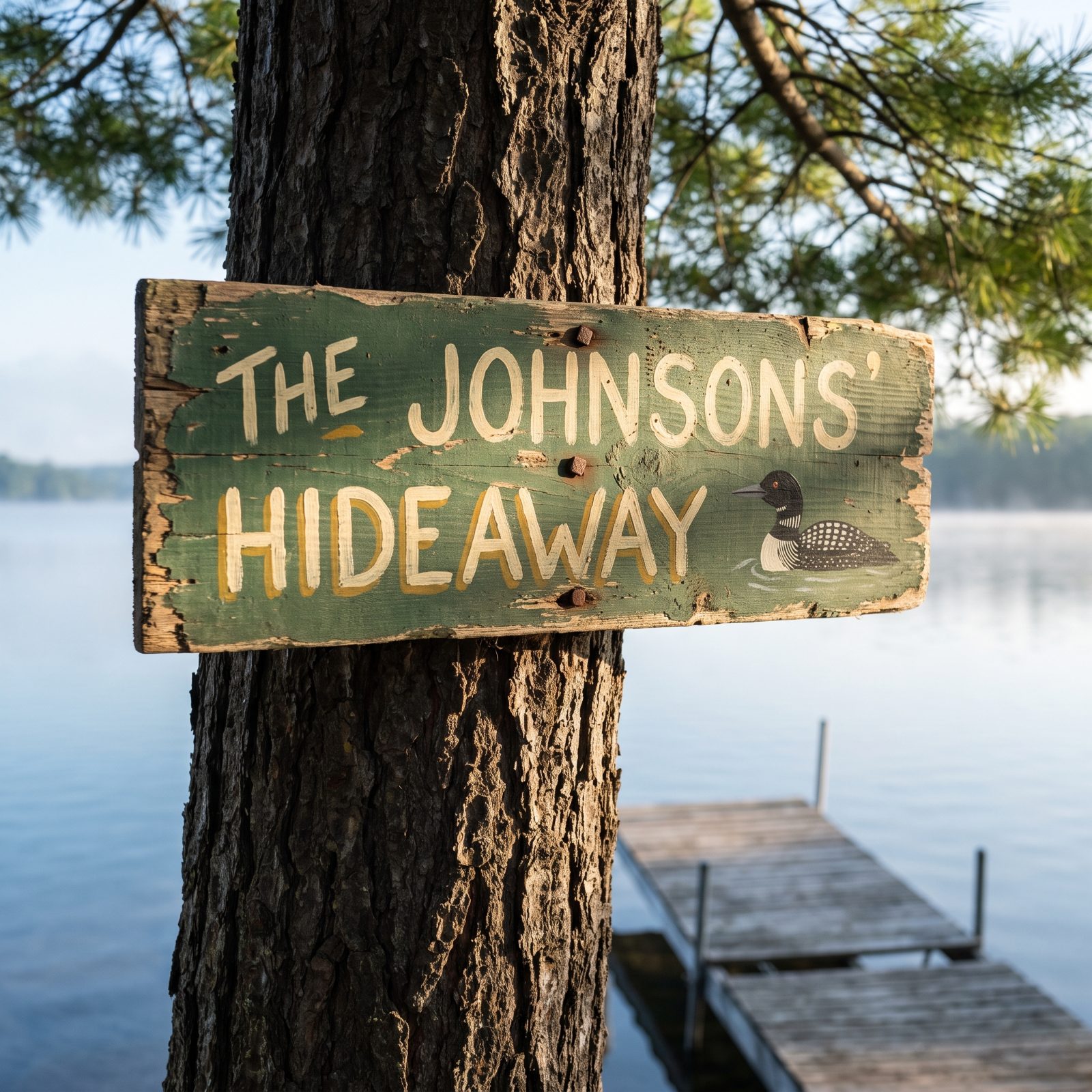 A Hand-Painted Cabin Sign Nailed to a Tree