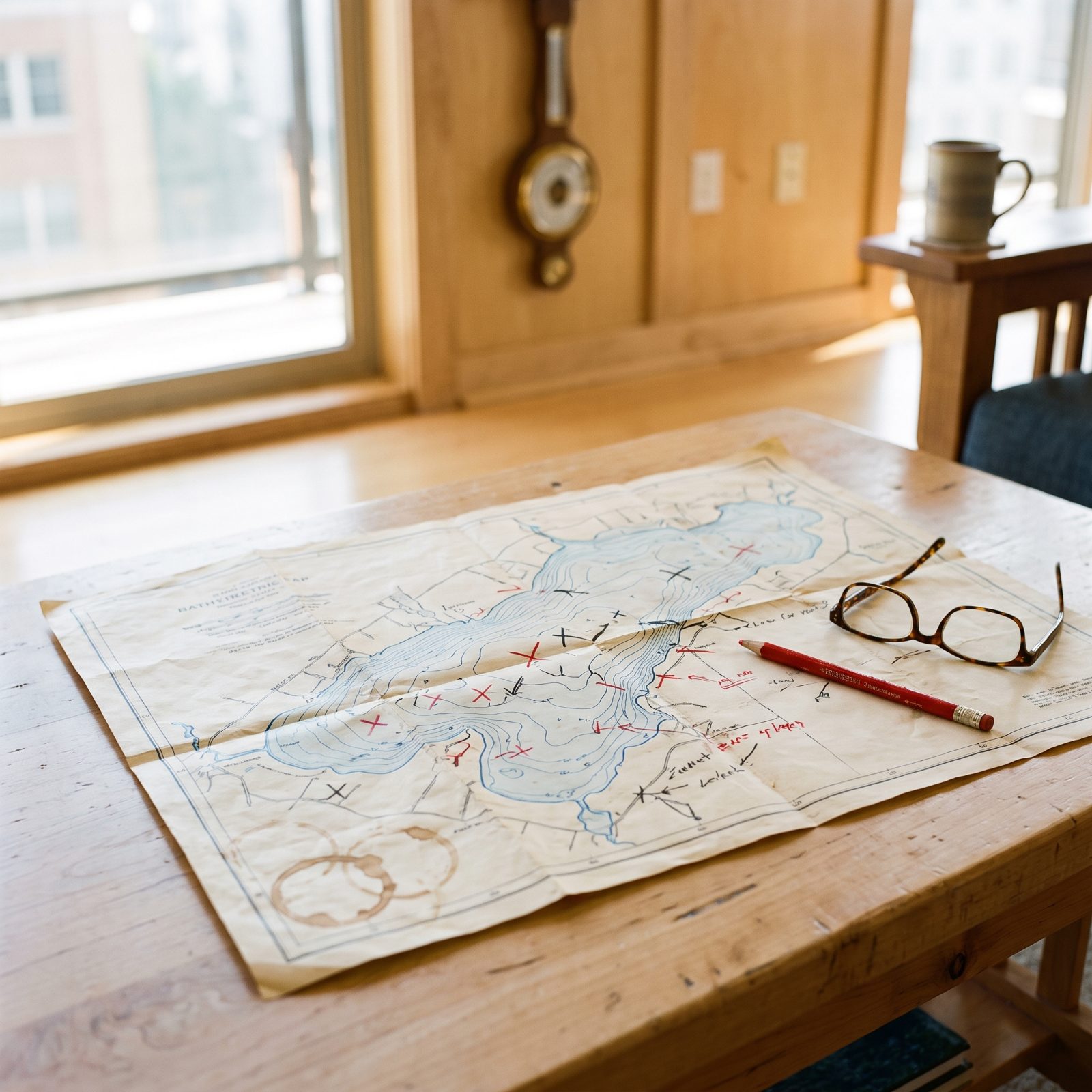 A Lake Map Marked Up With Grease Pencil