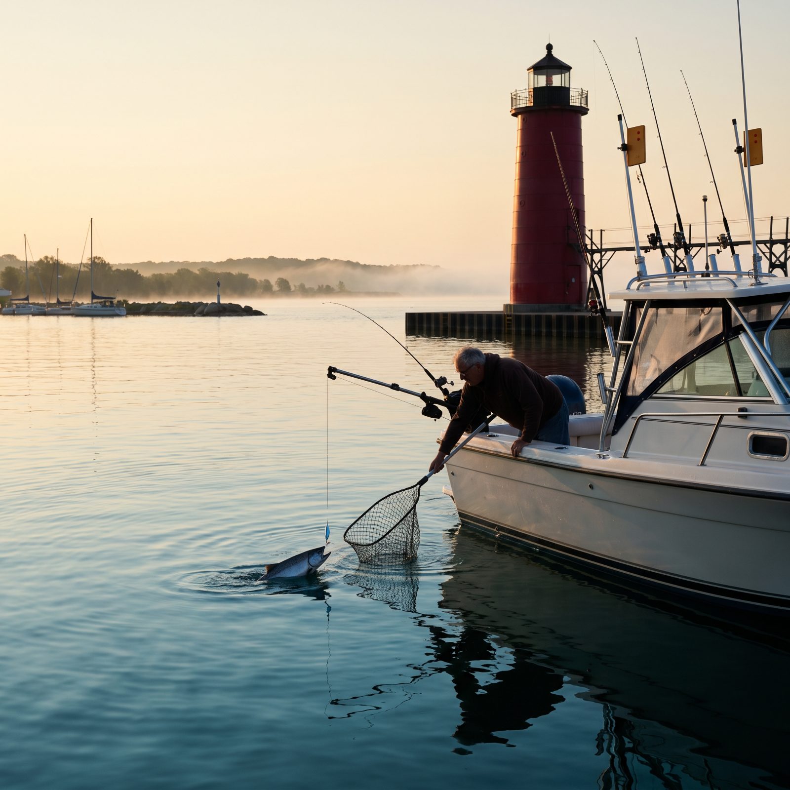 Ludington, Michigan, Salmon Fishing Between Lake Michigan and Pere Marquette Lake