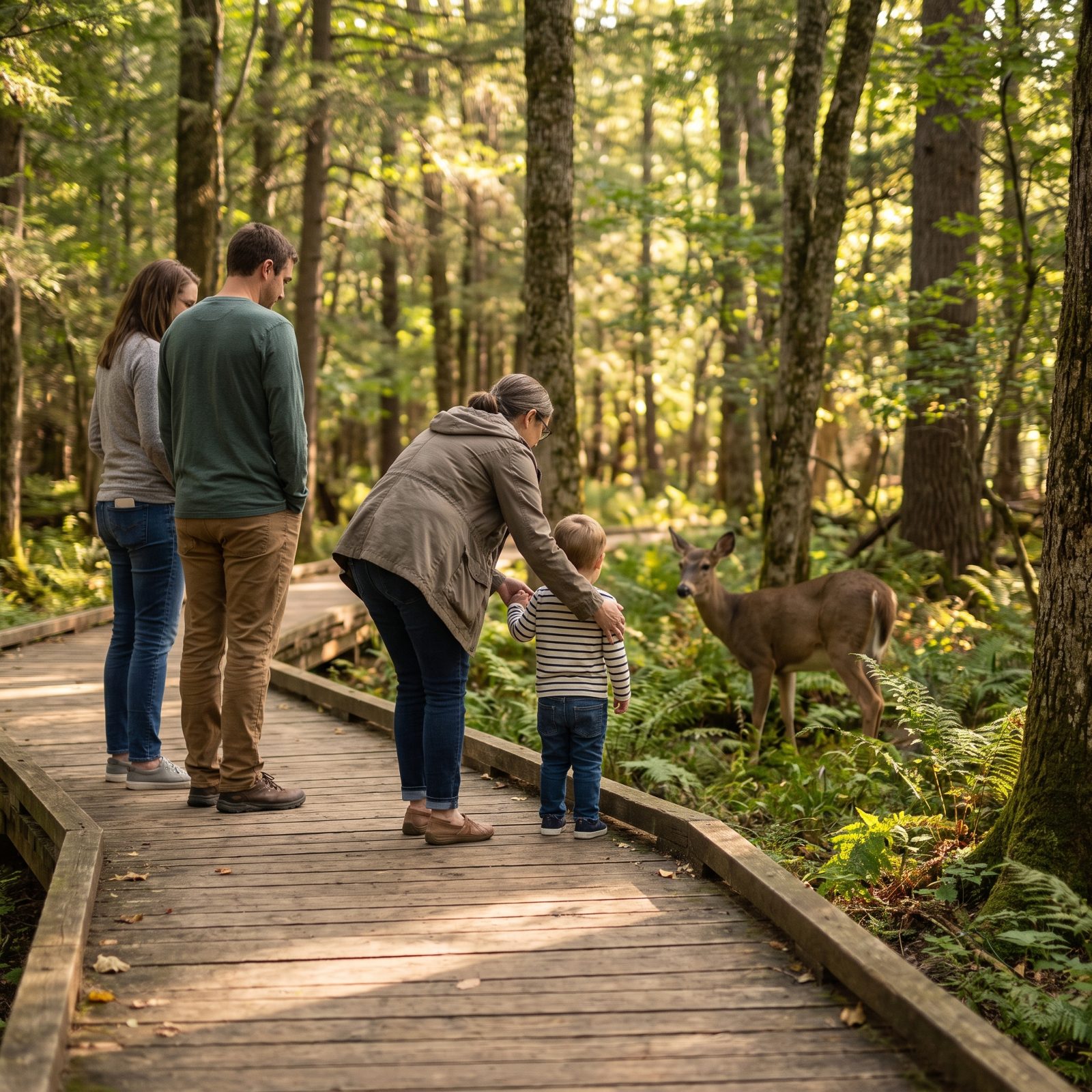 A Parent Places a Child Between Adults and a Wild Animal