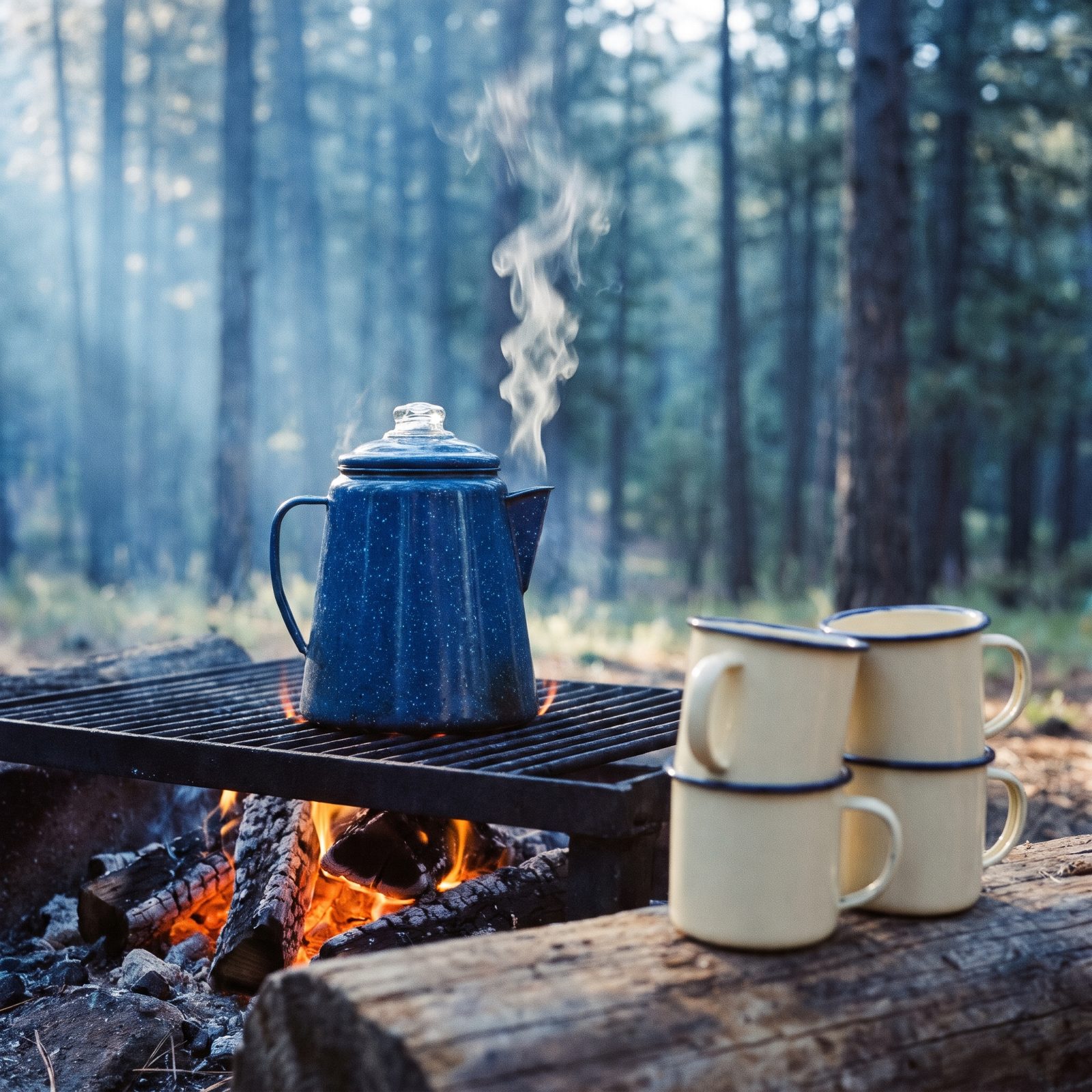 Percolator Coffee Pots Bubbling on the Fire Grate