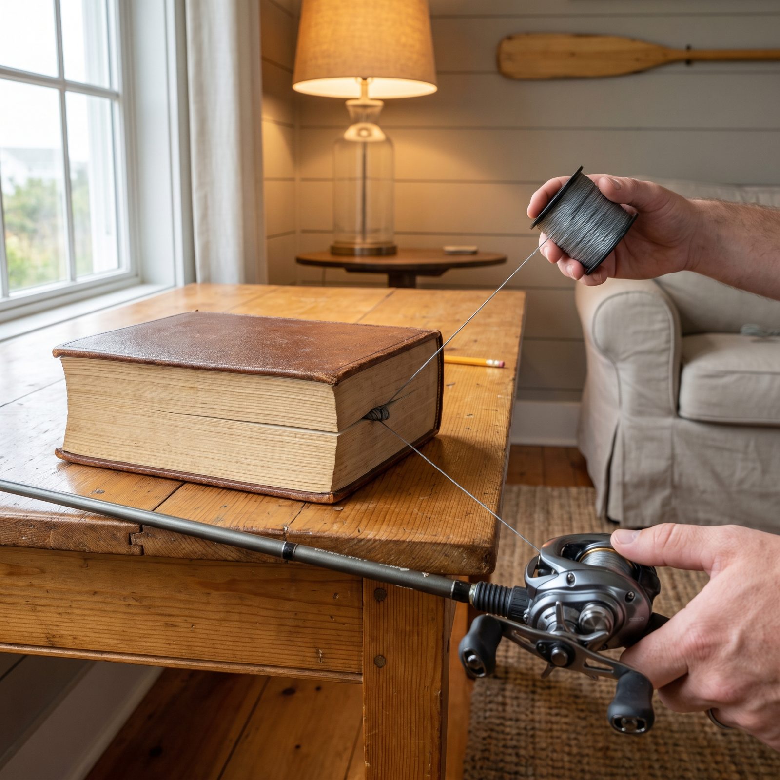 Run Line Through a Heavy Book for Even Spooling Tension