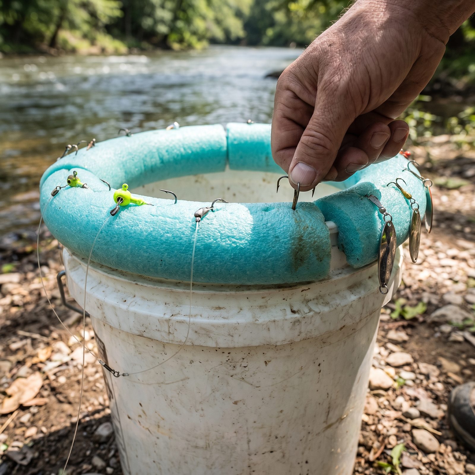 Slit a Chunk of Pool Noodle Over a Bucket Rim to Park Rigged Hooks Safely