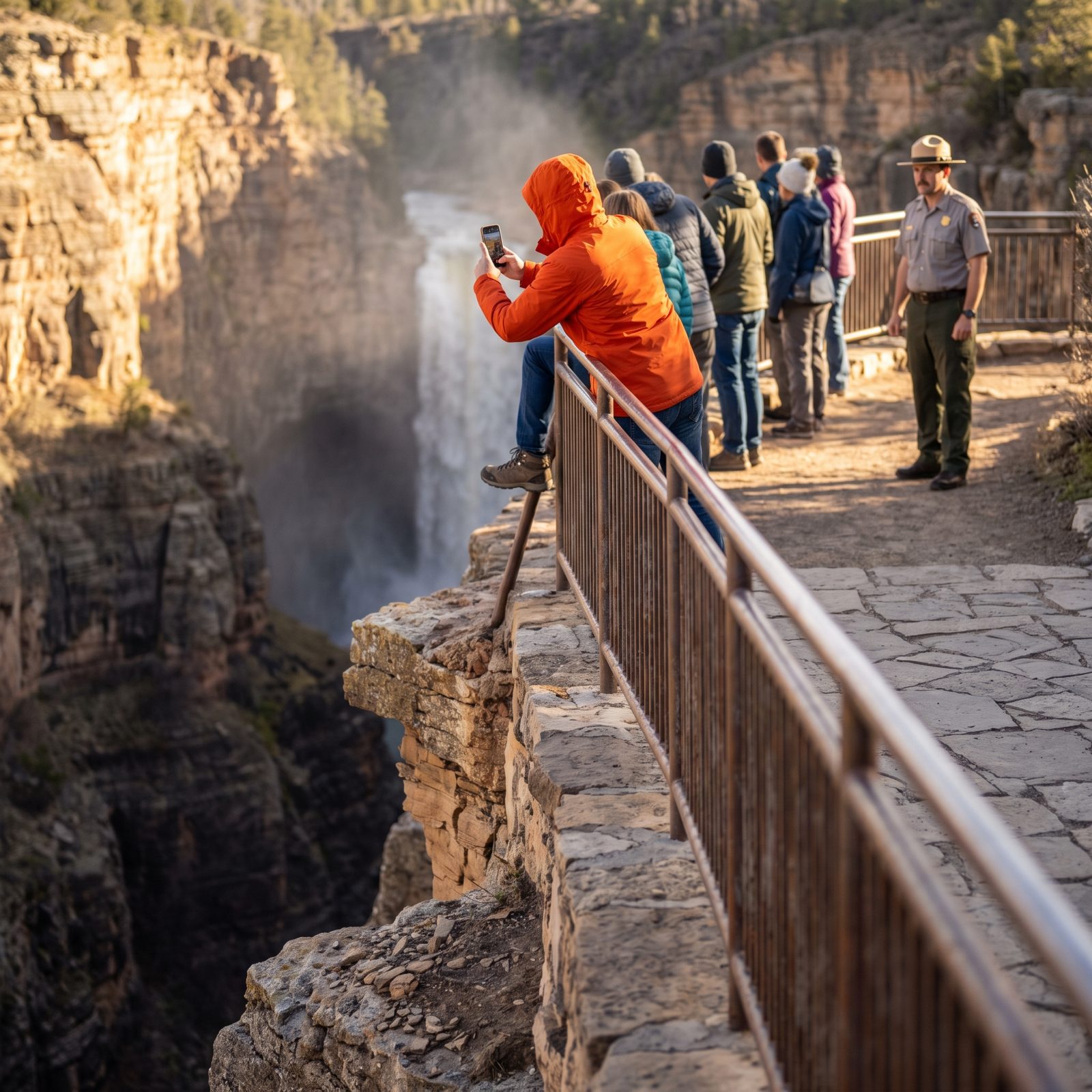 Someone Climbs Over a Guardrail for a Photograph