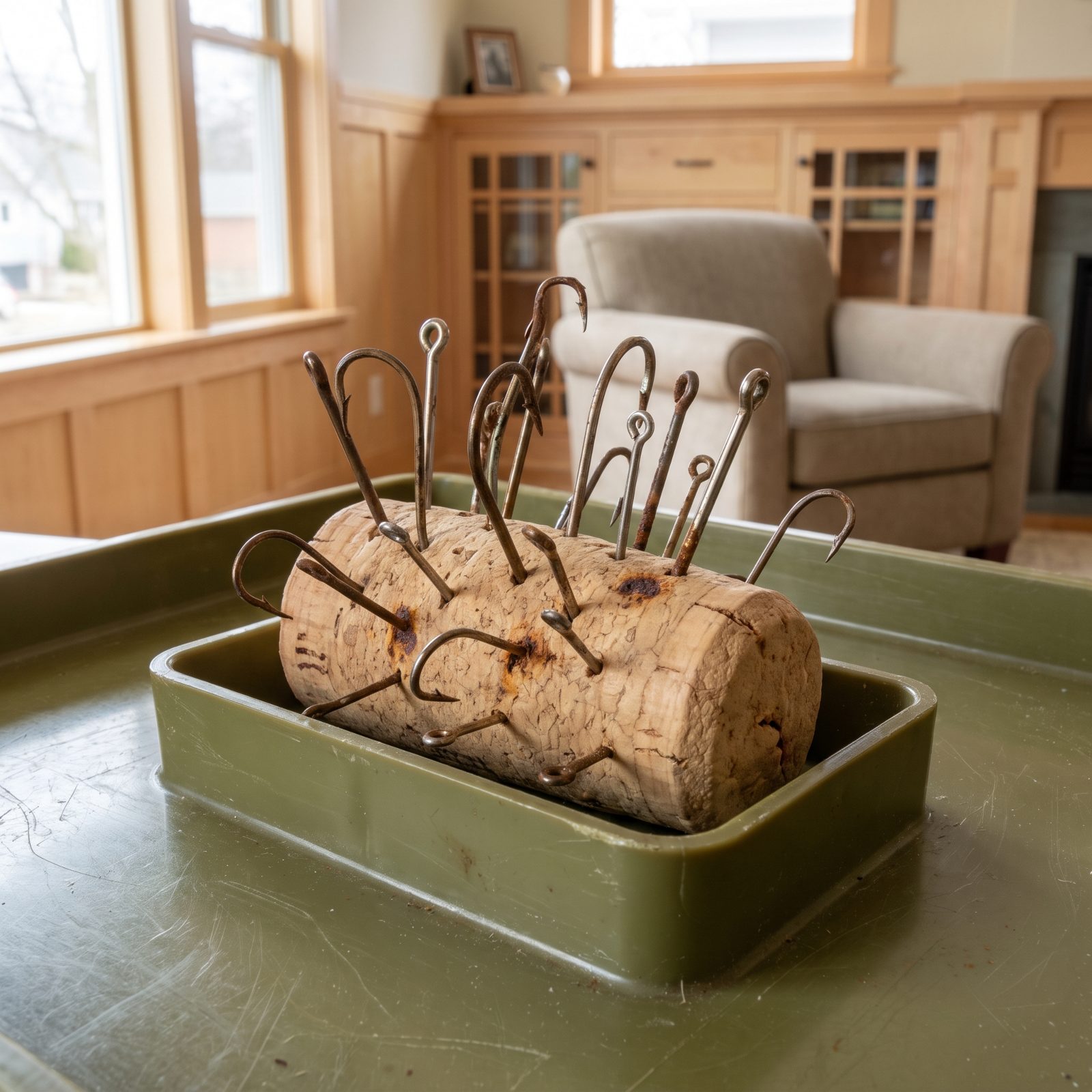 Spare Hooks Pushed Point-First Into a Bottle Cork