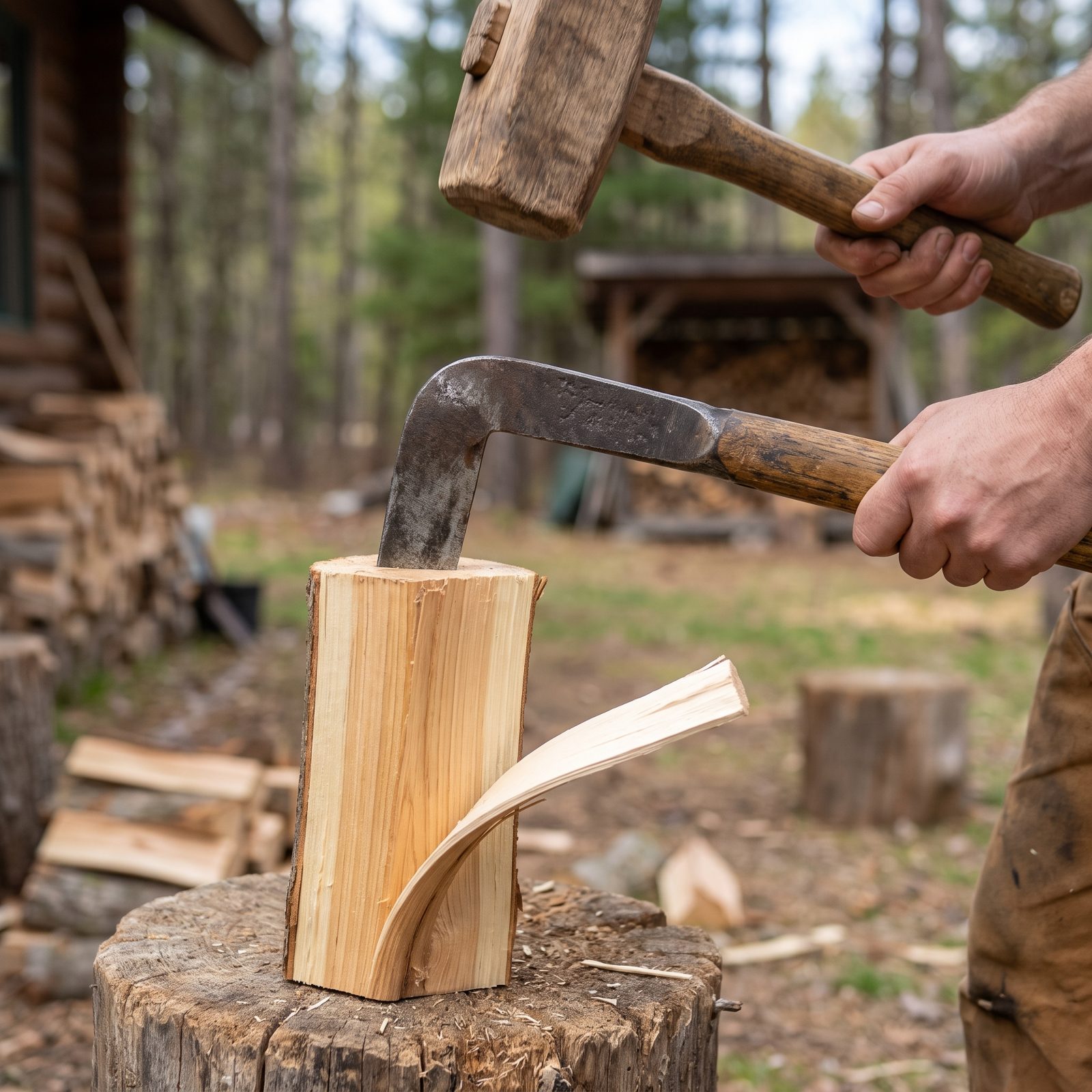 Splitting Straight Kindling With a Froe and Wooden Mallet
