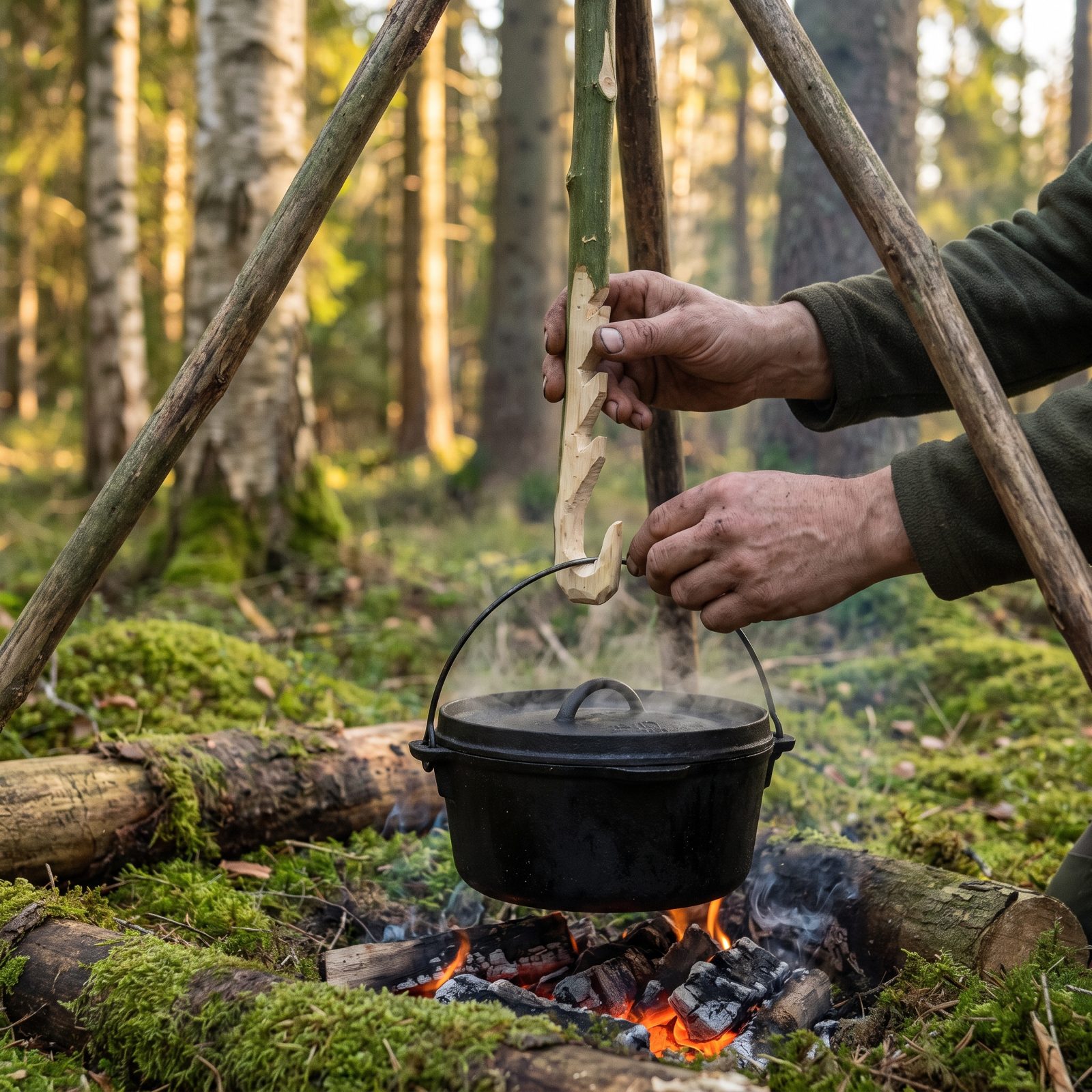Suspending a Pot From a Carved Adjustable Pot Hook