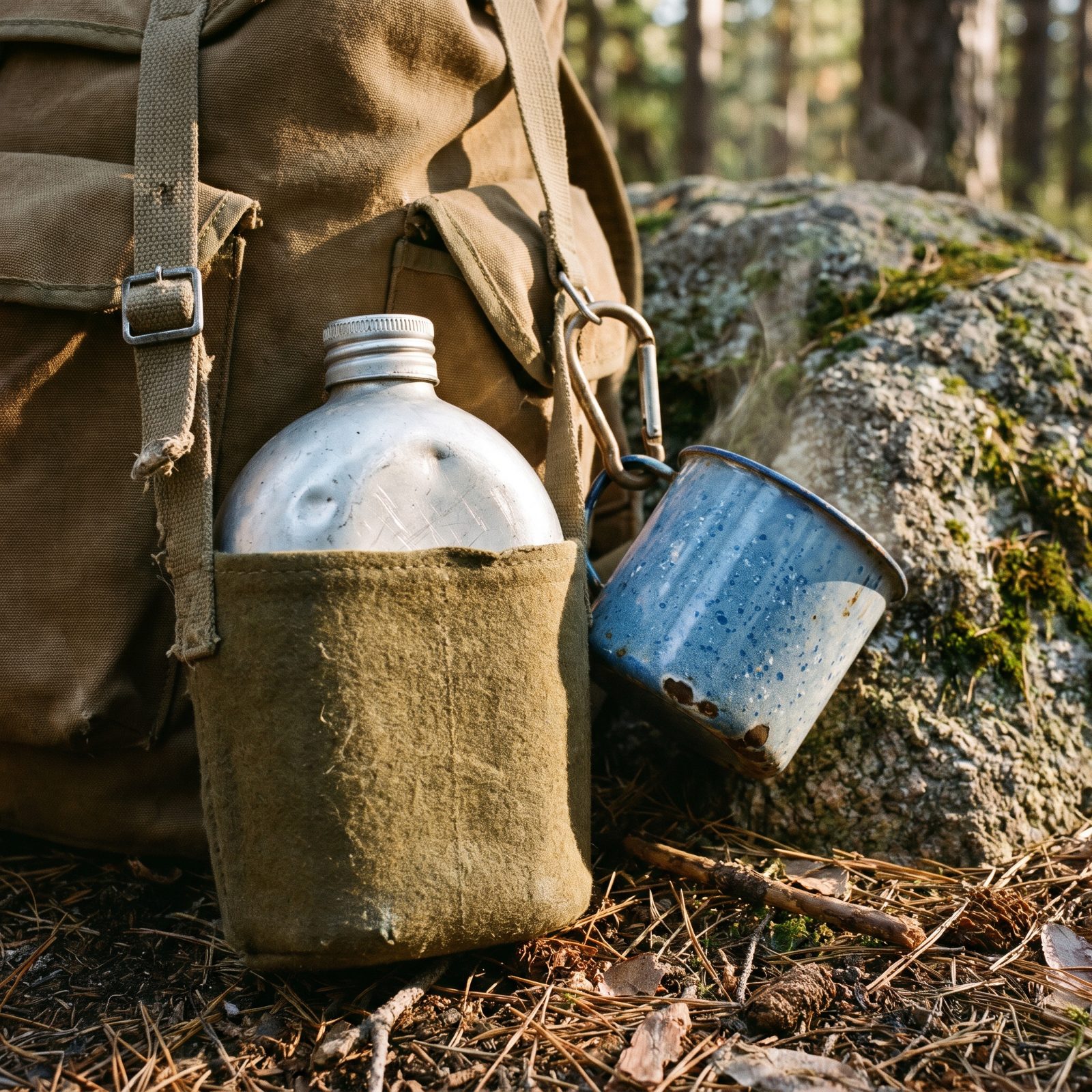The Tin Cup and Canteen Clipped to the Pack