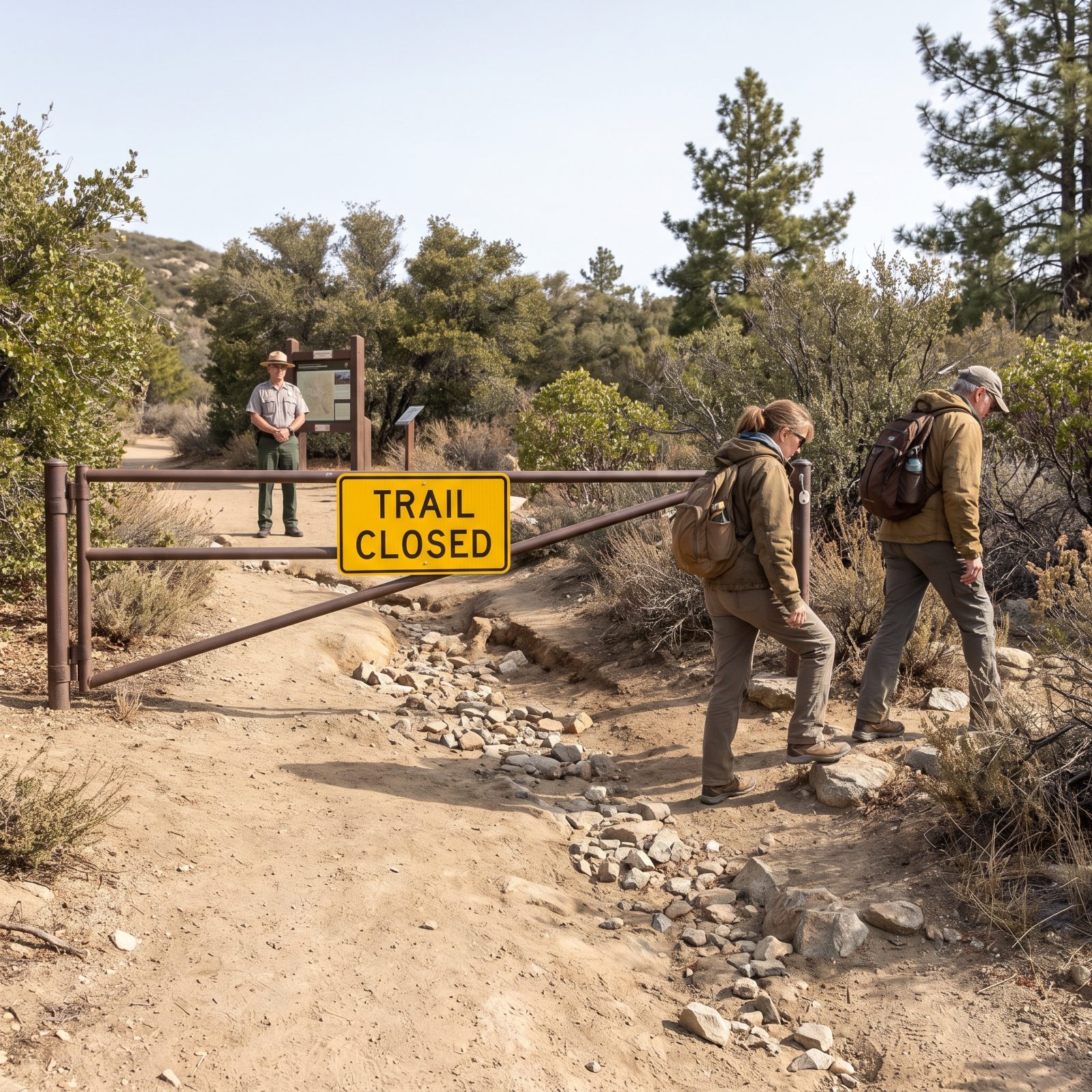 Visitors Step Around a Closure Barrier Instead of Turning Back