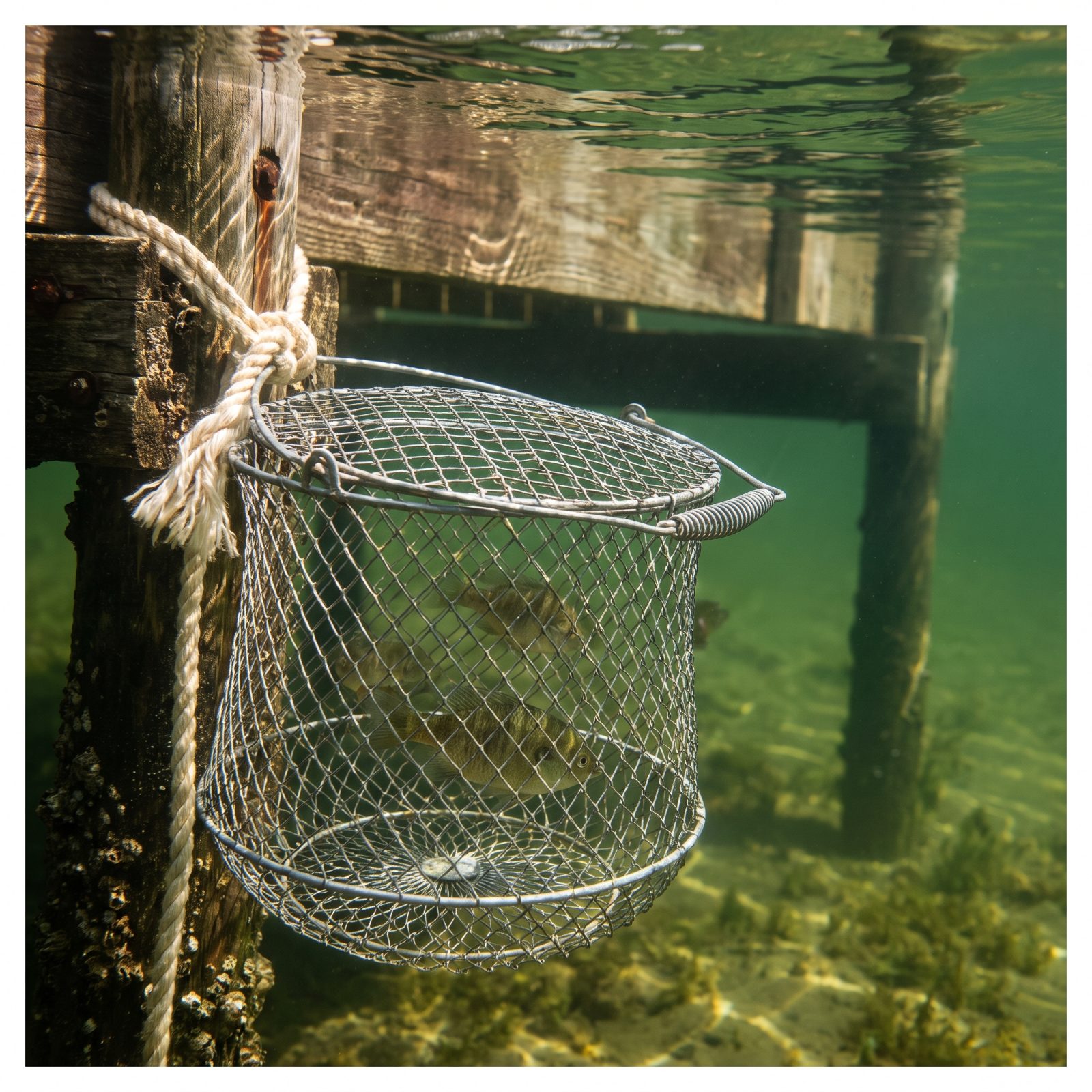 The Wire Fish Basket Tied Beneath the Dock