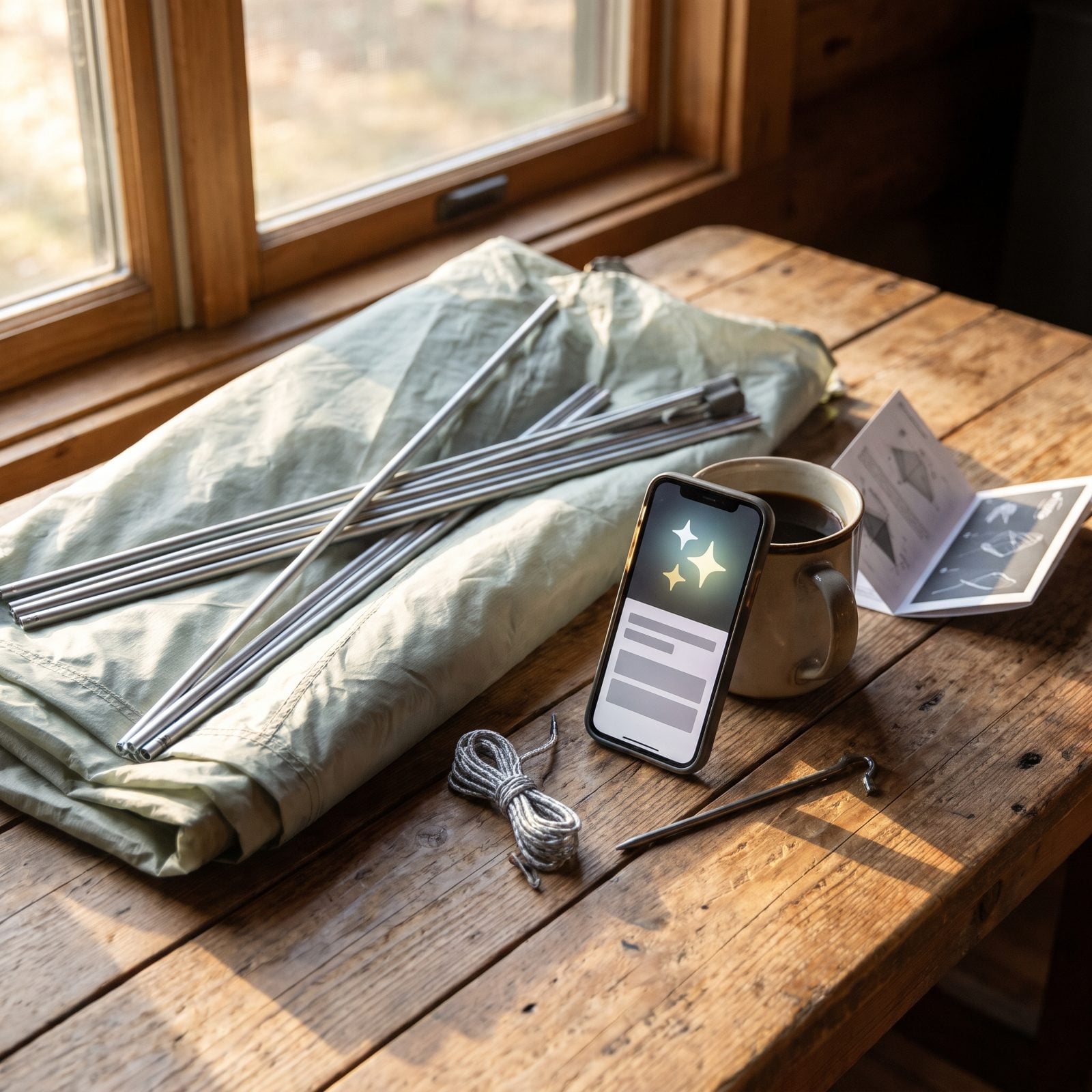 A pale sage ultralight tent half set up on a cabin table beside a glowing phone showing review stars in morning light.