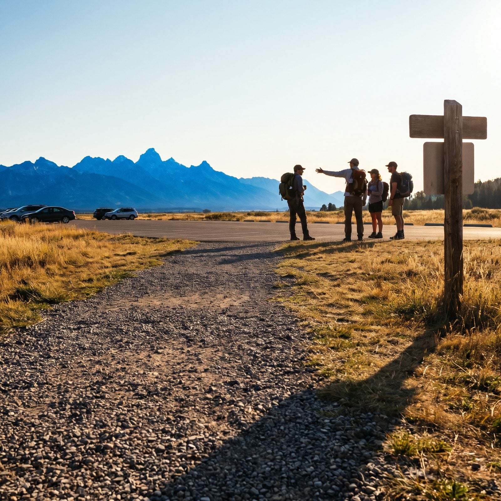 Hikers at an easy trailhead gesturing toward distant blue peaks while the gentle gravel loop they'll walk sits in the