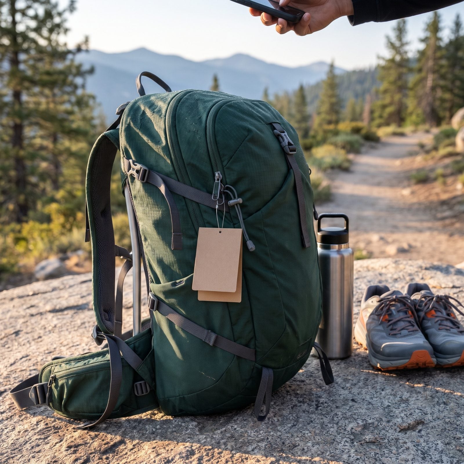A new green technical backpack staged on sunlit granite at a trailhead, a phone silhouetted above it taking a photo.